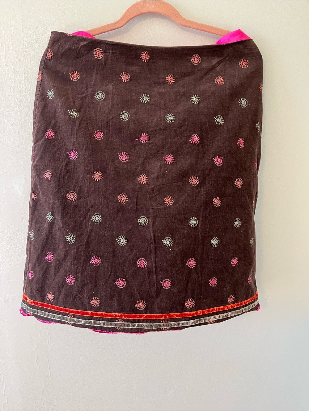 Brown Pencil Corduroy Skirt with Pink and Mint Dot Embroidery Y2K